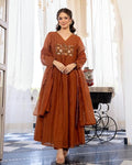 Women Embroidery Solid Anarkali Kurta and Pant Set with Dupatta