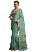 WoodenTant women?s Soft cotton silk dhakai jamdani saree without blouse piece Sea green