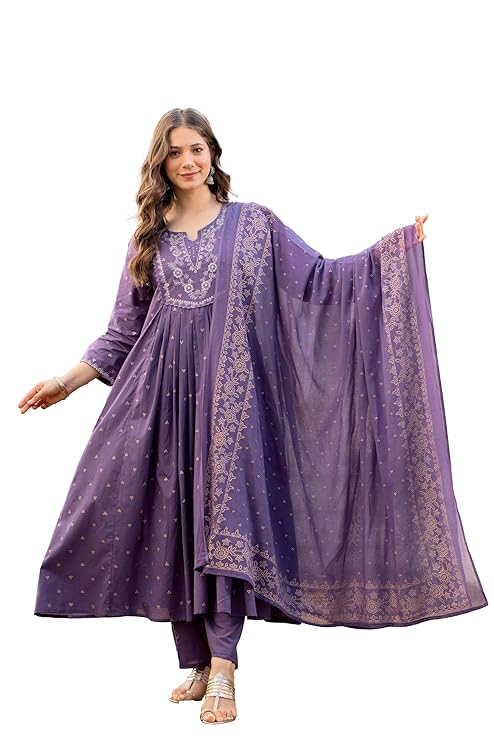 Women’s 100% Pure Cotton Anarkali Kurta Set with Pant & Dupatta | Embroidered Flared Kurta | Elegant Ethnic Suit