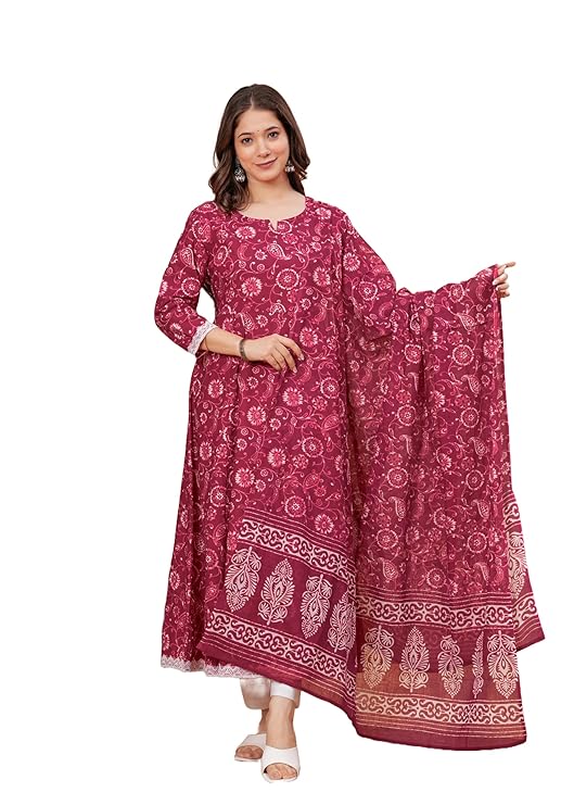 Women's Cotton Printed Anarkali Kurta with Palazzo & Dupatta Set