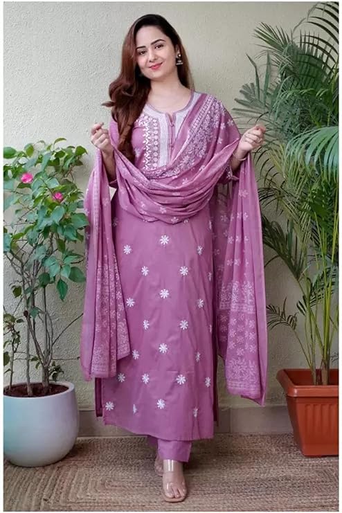 Women's Cotton Embroidered Chikankari Work Straight Kurta Dupatta Pant Set