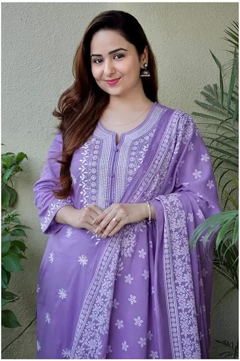 Women's Cotton Embroidered Chikankari Work Straight Kurta Dupatta Pant Set