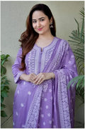 Women's Cotton Embroidered Chikankari Work Straight Kurta Dupatta Pant Set
