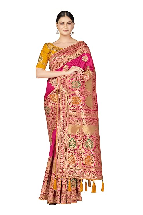 Women's Soft Banarasi Style Silk Saree With Blouse Piece For Wedding