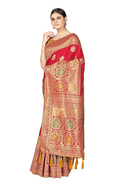 Women's Soft Banarasi Style Silk Saree With Blouse Piece For Wedding