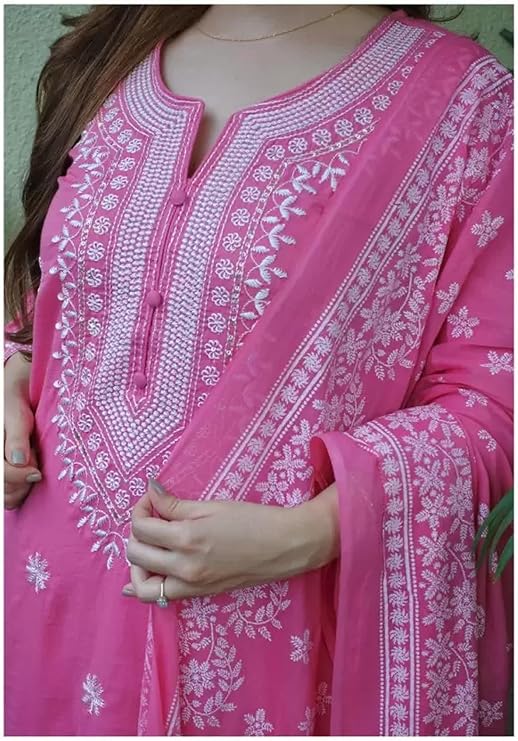 Women's Cotton Embroidered Chikankari Work Straight Kurta Dupatta Pant Set