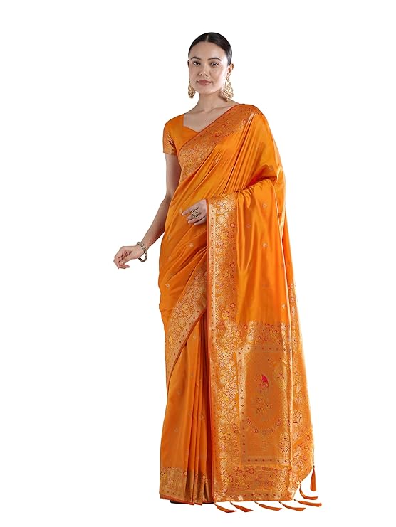 Women's Kanjivaram Style Soft Silk Saree With Blouse For Wedding