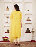 Women Embroidered Cotton Kurta Pant Set with Organza Dupatta