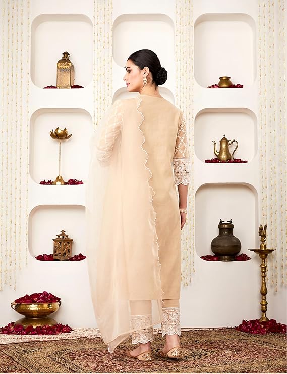 Women Embroidered Cotton Kurta Pant Set with Organza Dupatta