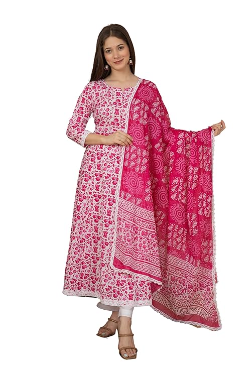 Women's Cotton Printed Anarkali Kurta with Palazzo & Dupatta Set