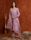Women Embroidered Cotton Kurta Pant Set with Organza Dupatta