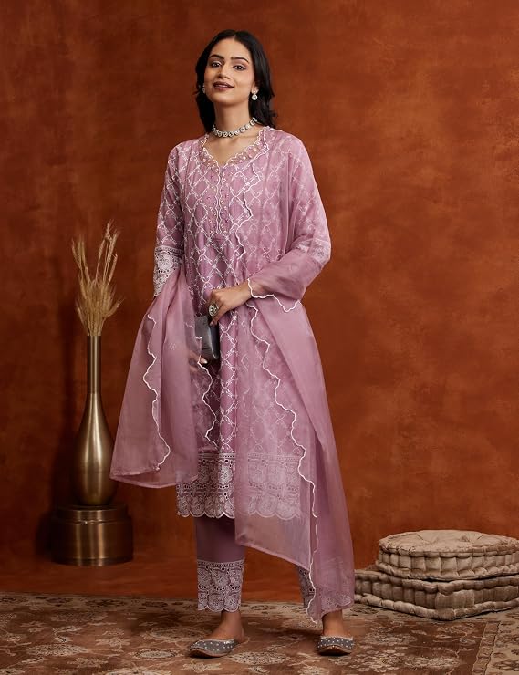Women Embroidered Cotton Kurta Pant Set with Organza Dupatta