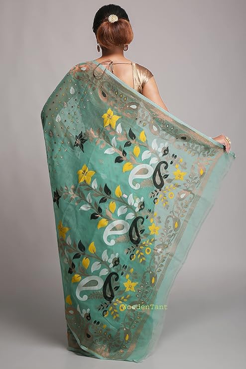 WoodenTant women?s Soft cotton silk dhakai jamdani saree without blouse piece Sea green