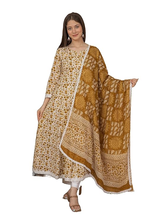 Women's Cotton Printed Anarkali Kurta with Palazzo & Dupatta Set