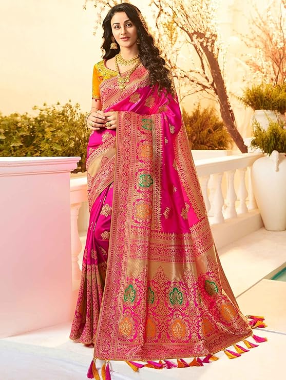 Women's Soft Banarasi Style Silk Saree With Blouse Piece For Wedding
