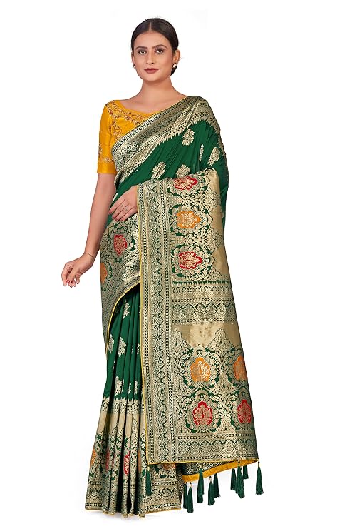 Women's Soft Banarasi Style Silk Saree With Blouse Piece For Wedding