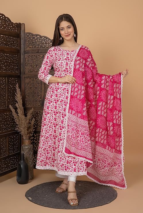 Women's Cotton Printed Anarkali Kurta with Palazzo & Dupatta Set