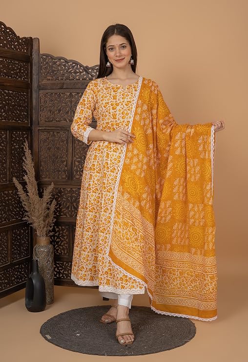 Women's Cotton Printed Anarkali Kurta with Palazzo & Dupatta Set