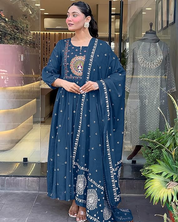Women Rayon Printed Anarkali Kurta Set with Dupatta
