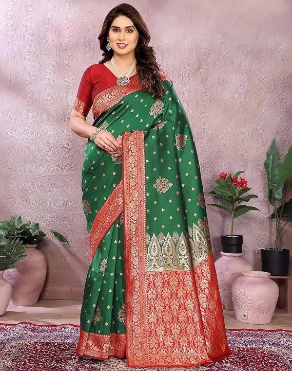 Women's Banarasi Kanjivaram Cotton Silk Saree With Unstitched Blouse Material