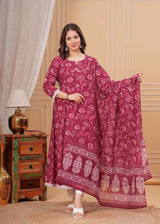 Women's Cotton Printed Anarkali Kurta with Palazzo & Dupatta Set