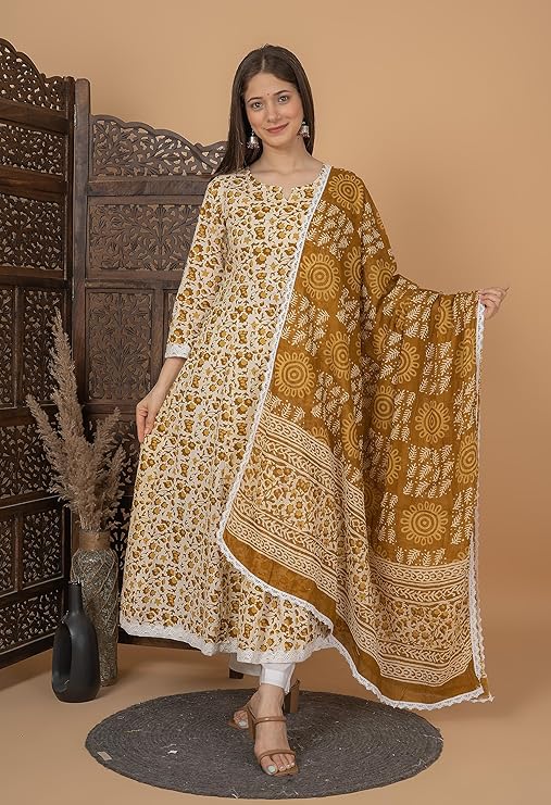 Women's Cotton Printed Anarkali Kurta with Palazzo & Dupatta Set
