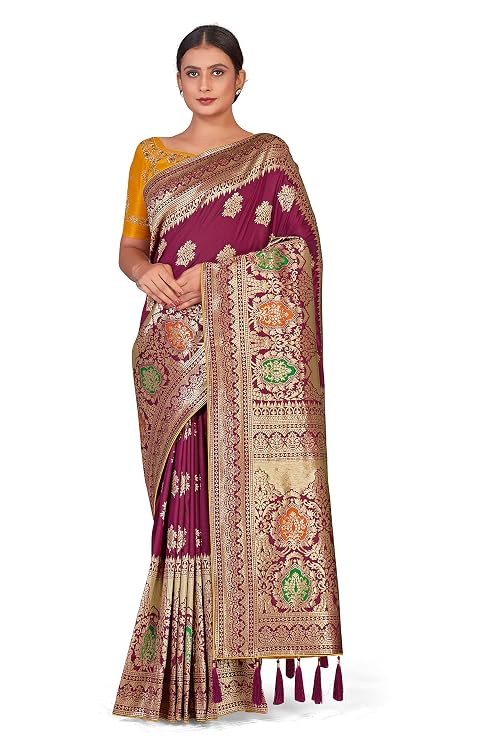 Women's Soft Banarasi Style Silk Saree With Blouse Piece For Wedding
