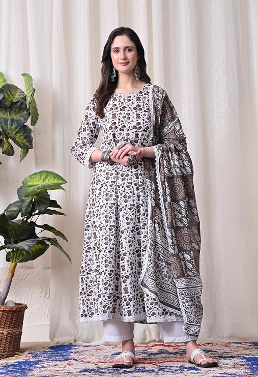 Women's Cotton Printed Anarkali Kurta with Palazzo & Dupatta Set