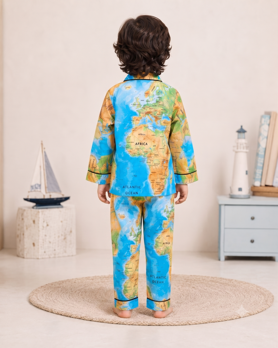 Kids World Map Print Cotton Night Suit Set | Full Sleeve Button-Down Shirt & Pajama Sleepwear for Boys & Girls