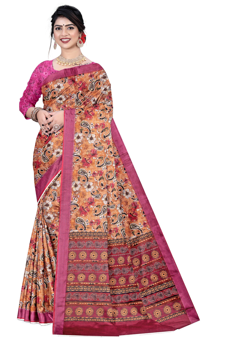 Women's Rust Paisley Floral Printed Linen Blend Saree with Contrast Pink Border | Elegant Traditional Ethnic Wear