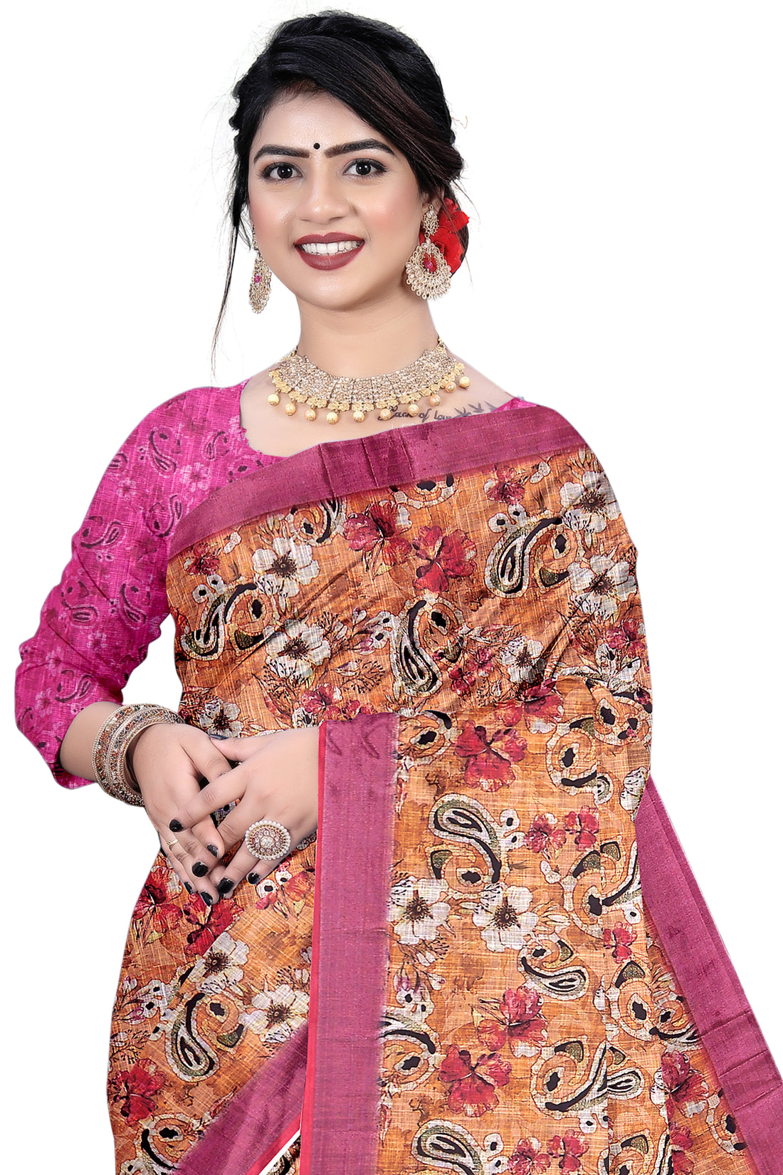 Women's Rust Paisley Floral Printed Linen Blend Saree with Contrast Pink Border | Elegant Traditional Ethnic Wear