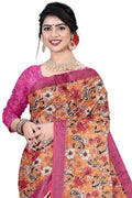 Women's Rust Paisley Floral Printed Linen Blend Saree with Contrast Pink Border | Elegant Traditional Ethnic Wear