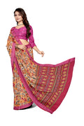 Women's Rust Paisley Floral Printed Linen Blend Saree with Contrast Pink Border | Elegant Traditional Ethnic Wear