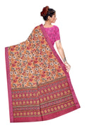 Women's Rust Paisley Floral Printed Linen Blend Saree with Contrast Pink Border | Elegant Traditional Ethnic Wear