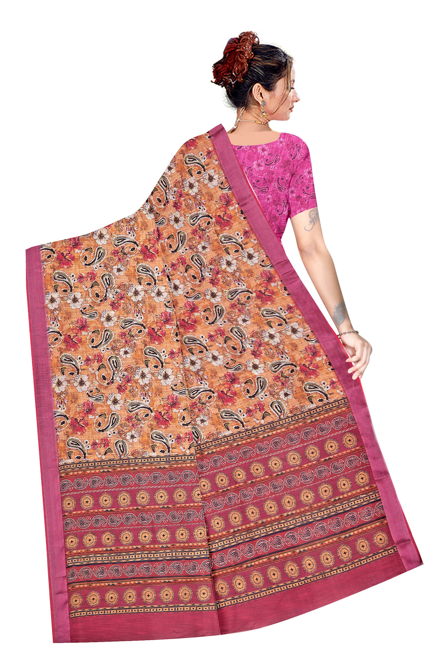 Women's Rust Paisley Floral Printed Linen Blend Saree with Contrast Pink Border | Elegant Traditional Ethnic Wear