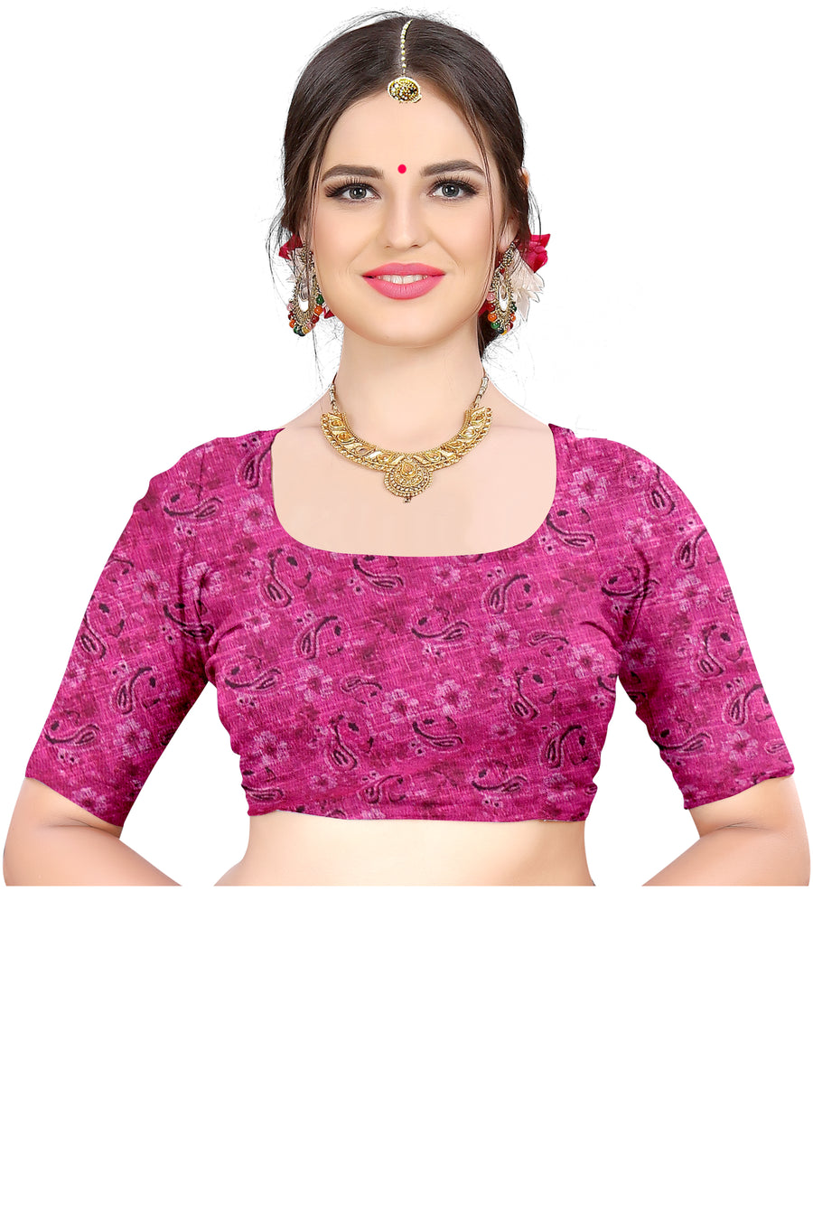 Women's Rust Paisley Floral Printed Linen Blend Saree with Contrast Pink Border | Elegant Traditional Ethnic Wear