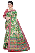 Green Floral Printed Linen Blend Saree with Designer Border | Soft Lightweight Ethnic Wear for Women