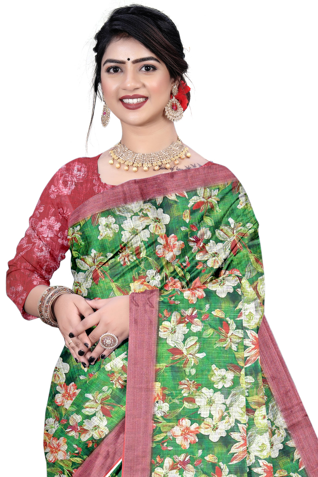 Green Floral Printed Linen Blend Saree with Designer Border | Soft Lightweight Ethnic Wear for Women