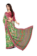Green Floral Printed Linen Blend Saree with Designer Border | Soft Lightweight Ethnic Wear for Women