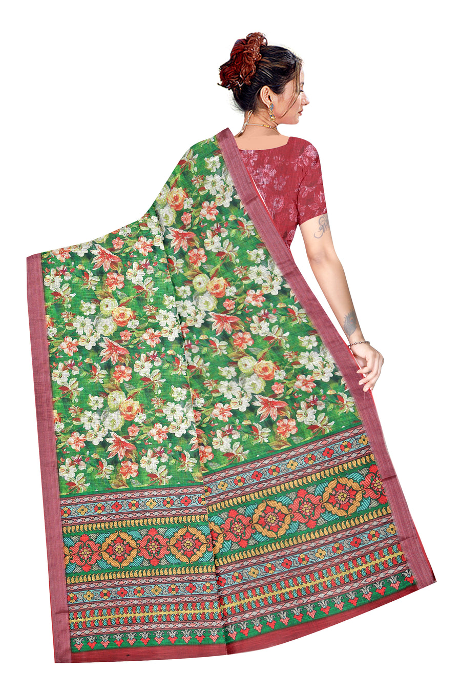 Green Floral Printed Linen Blend Saree with Designer Border | Soft Lightweight Ethnic Wear for Women