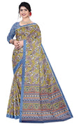 Women's Olive Green Paisley Printed Linen Blend Saree with Blue Border | Elegant Floral Ethnic Wear for Festive & Daily Use
