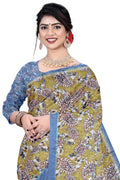 Women's Olive Green Paisley Printed Linen Blend Saree with Blue Border | Elegant Floral Ethnic Wear for Festive & Daily Use