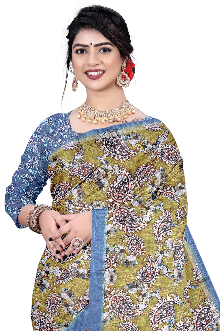 Women's Olive Green Paisley Printed Linen Blend Saree with Blue Border | Elegant Floral Ethnic Wear for Festive & Daily Use