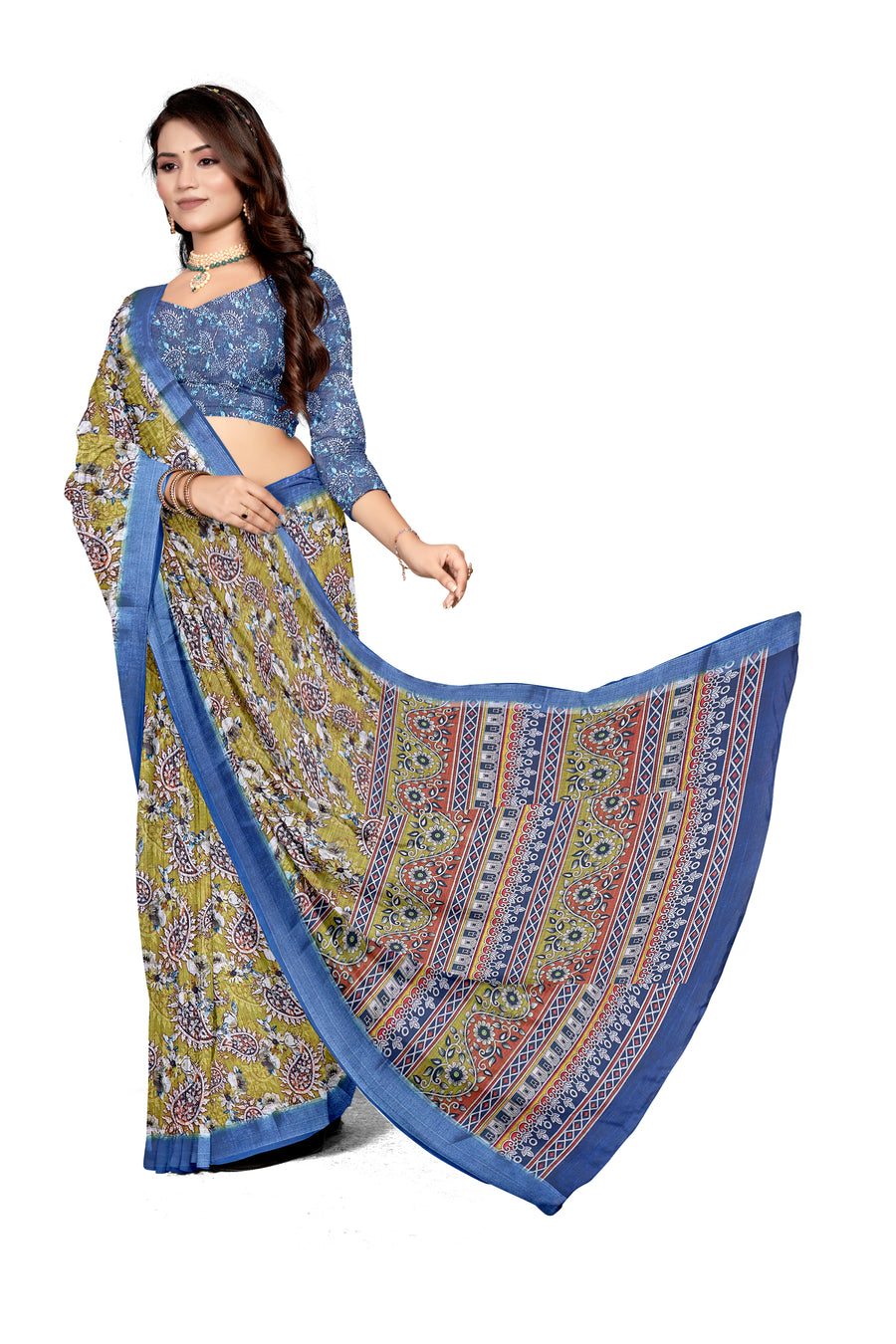 Women's Olive Green Paisley Printed Linen Blend Saree with Blue Border | Elegant Floral Ethnic Wear for Festive & Daily Use