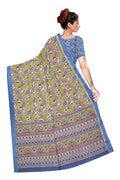 Women's Olive Green Paisley Printed Linen Blend Saree with Blue Border | Elegant Floral Ethnic Wear for Festive & Daily Use