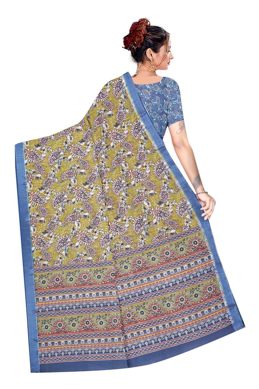 Women's Olive Green Paisley Printed Linen Blend Saree with Blue Border | Elegant Floral Ethnic Wear for Festive & Daily Use