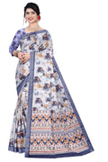 Women's Olive Paisley Printed Linen Blend Saree with Blue Border | Elegant Floral Ethnic Wear for Festive & Daily Use