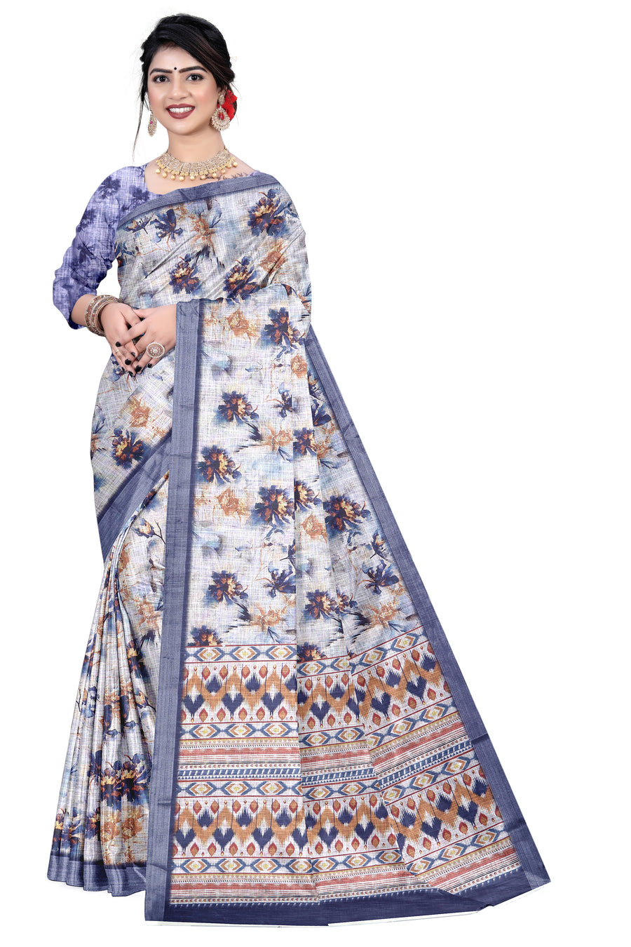 Women's Olive Paisley Printed Linen Blend Saree with Blue Border | Elegant Floral Ethnic Wear for Festive & Daily Use