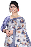 Women's Olive Paisley Printed Linen Blend Saree with Blue Border | Elegant Floral Ethnic Wear for Festive & Daily Use