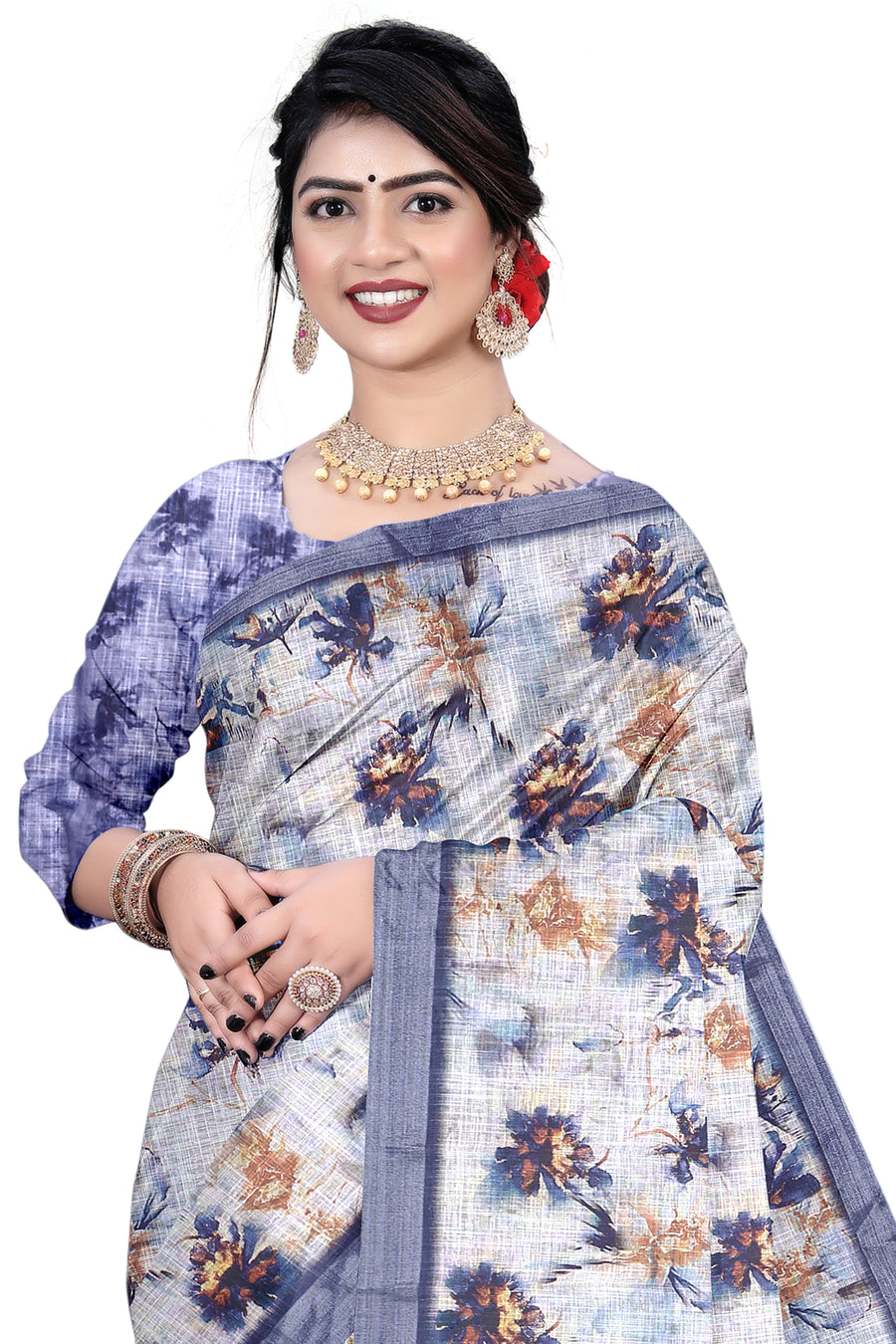 Women's Olive Paisley Printed Linen Blend Saree with Blue Border | Elegant Floral Ethnic Wear for Festive & Daily Use